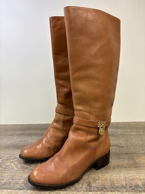 Michael Kors Tan Leather Riding Boots Gold Logo Charm Size 7.5 M Knee High